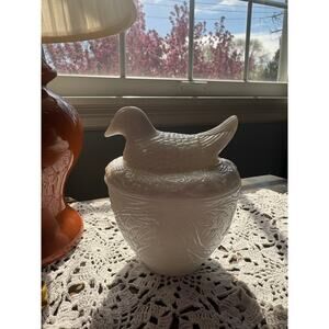 Vintage Avon “bird on nest” milk glass trinket box